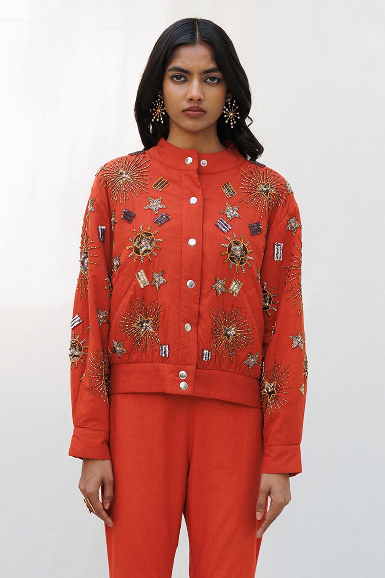 Nakateki Rust Orange Cotton Beadwork & Metallic Embellished Quilted Bomber Jacket