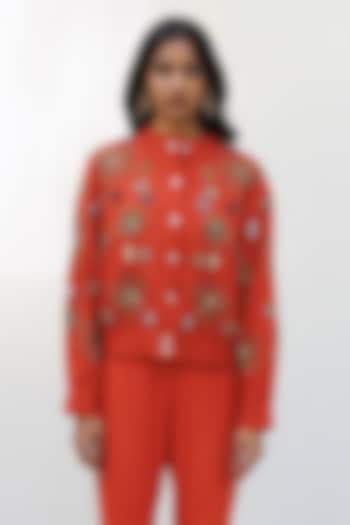 Rust Orange Cotton Beadwork & Metallic Embellished Quilted Bomber Jacket by Nakateki at Pernia's Pop Up Shop