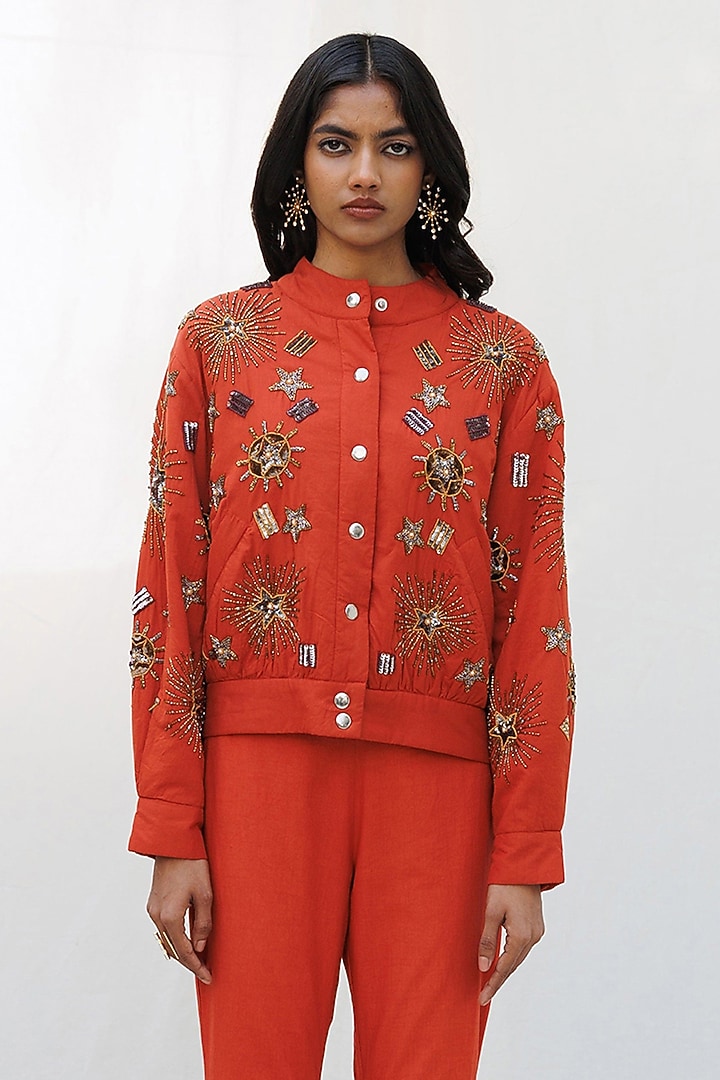 Rust Orange Cotton Beadwork & Metallic Embellished Quilted Bomber Jacket by Nakateki at Pernia's Pop Up Shop