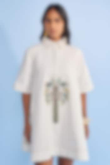 Off-white Twill Beaded Eyelet Embellished Vacation Shirt Dress by Nakateki at Pernia's Pop Up Shop