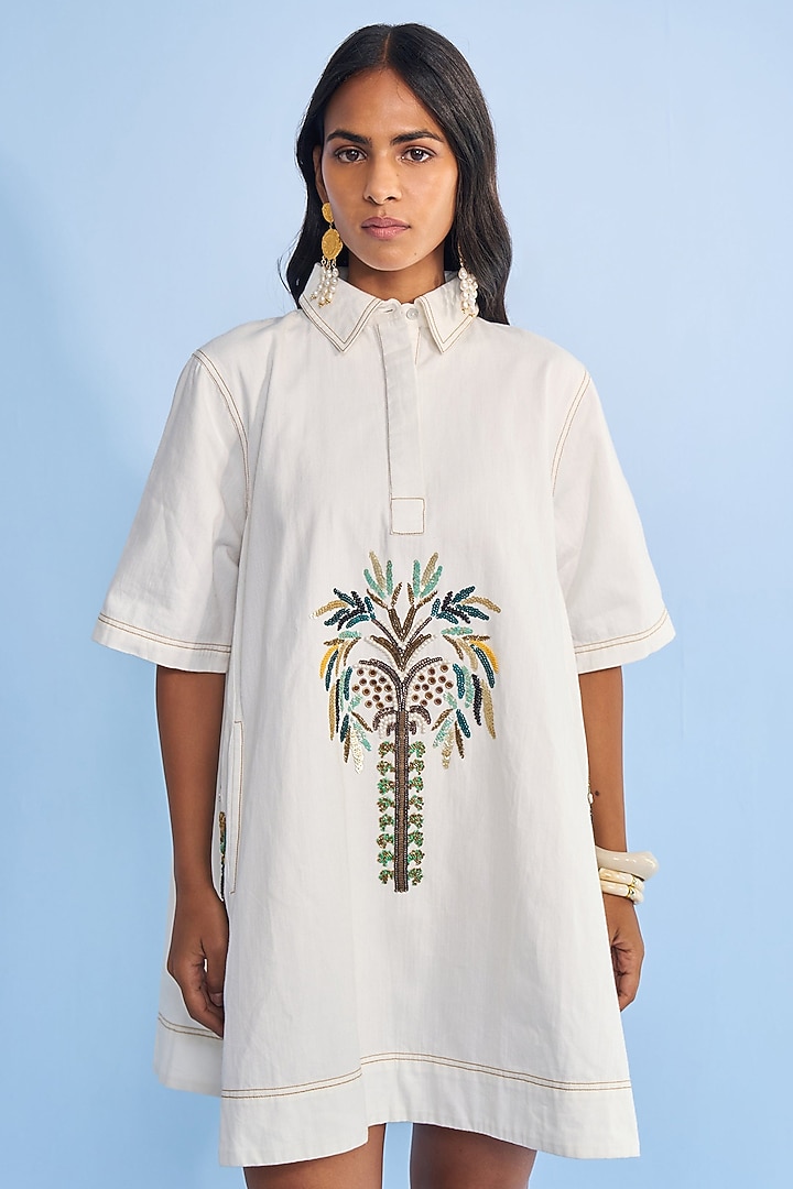 Off-white Twill Beaded Eyelet Embellished Vacation Shirt Dress by Nakateki at Pernia's Pop Up Shop