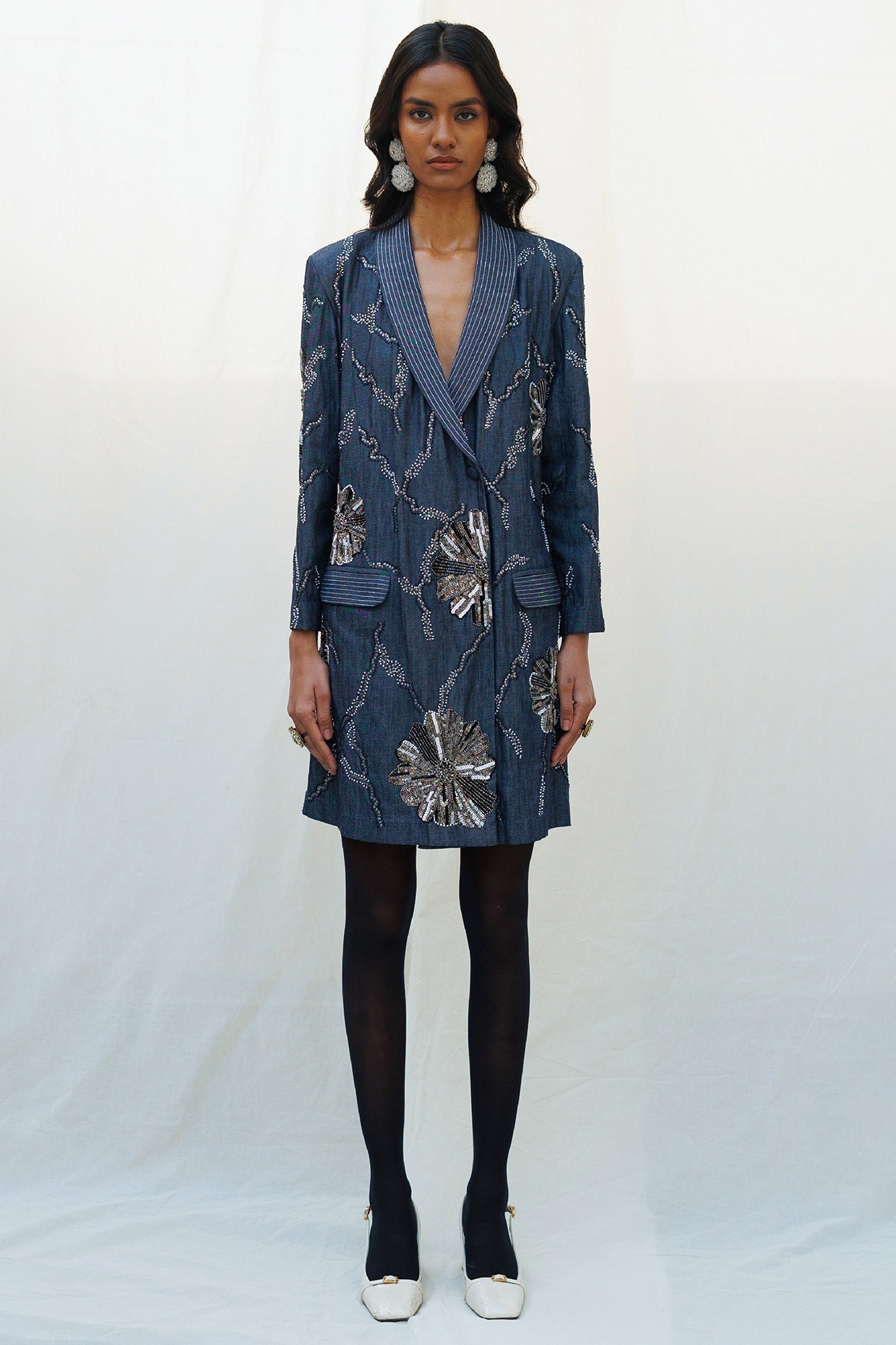 Nakateki Blue Denim Elastane Floral Abstract Embellished Blazer Dress