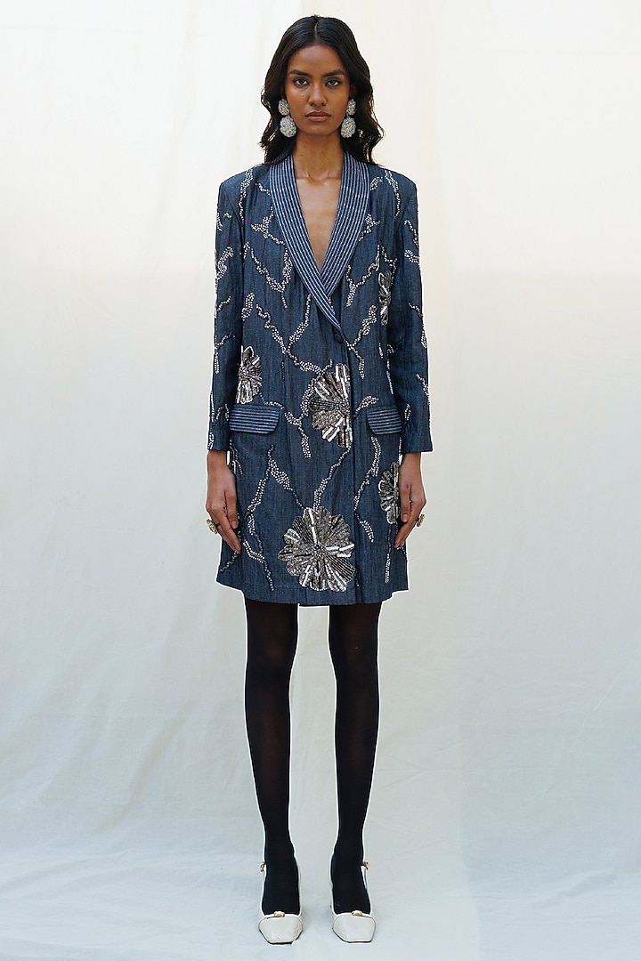 Blue Denim Elastane Floral Abstract Embellished Blazer Vacation Dress by Nakateki at Pernia's Pop Up Shop