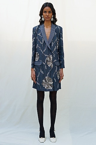 Blue Denim Elastane Floral Abstract Embellished Blazer Dress by Nakateki