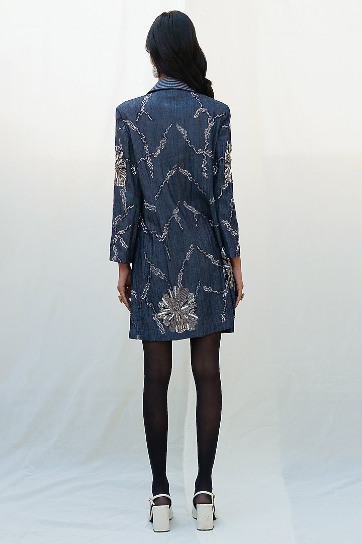 Blue Denim Elastane Floral Abstract Embellished Blazer Vacation Dress by Nakateki at Pernia's Pop Up Shop