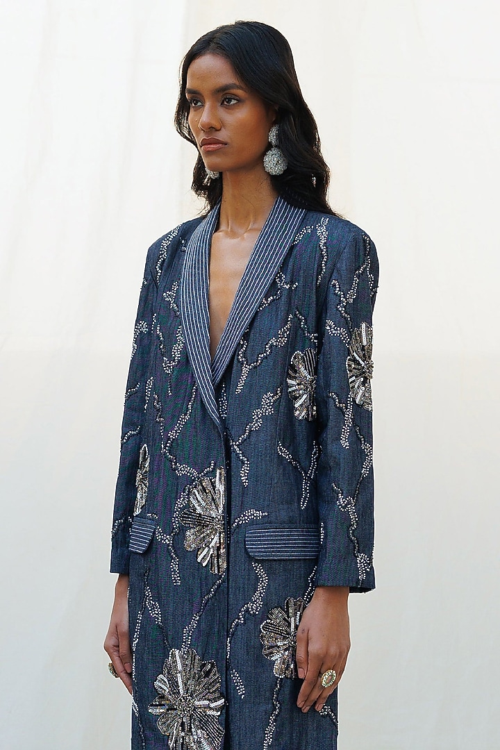 Blue Denim Elastane Floral Abstract Embellished Blazer Vacation Dress by Nakateki at Pernia's Pop Up Shop