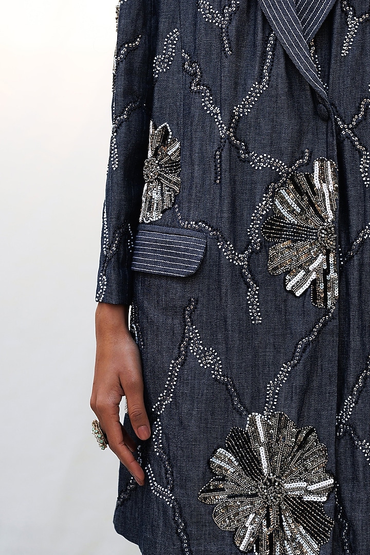 Blue Denim Elastane Floral Abstract Embellished Blazer Vacation Dress by Nakateki at Pernia's Pop Up Shop
