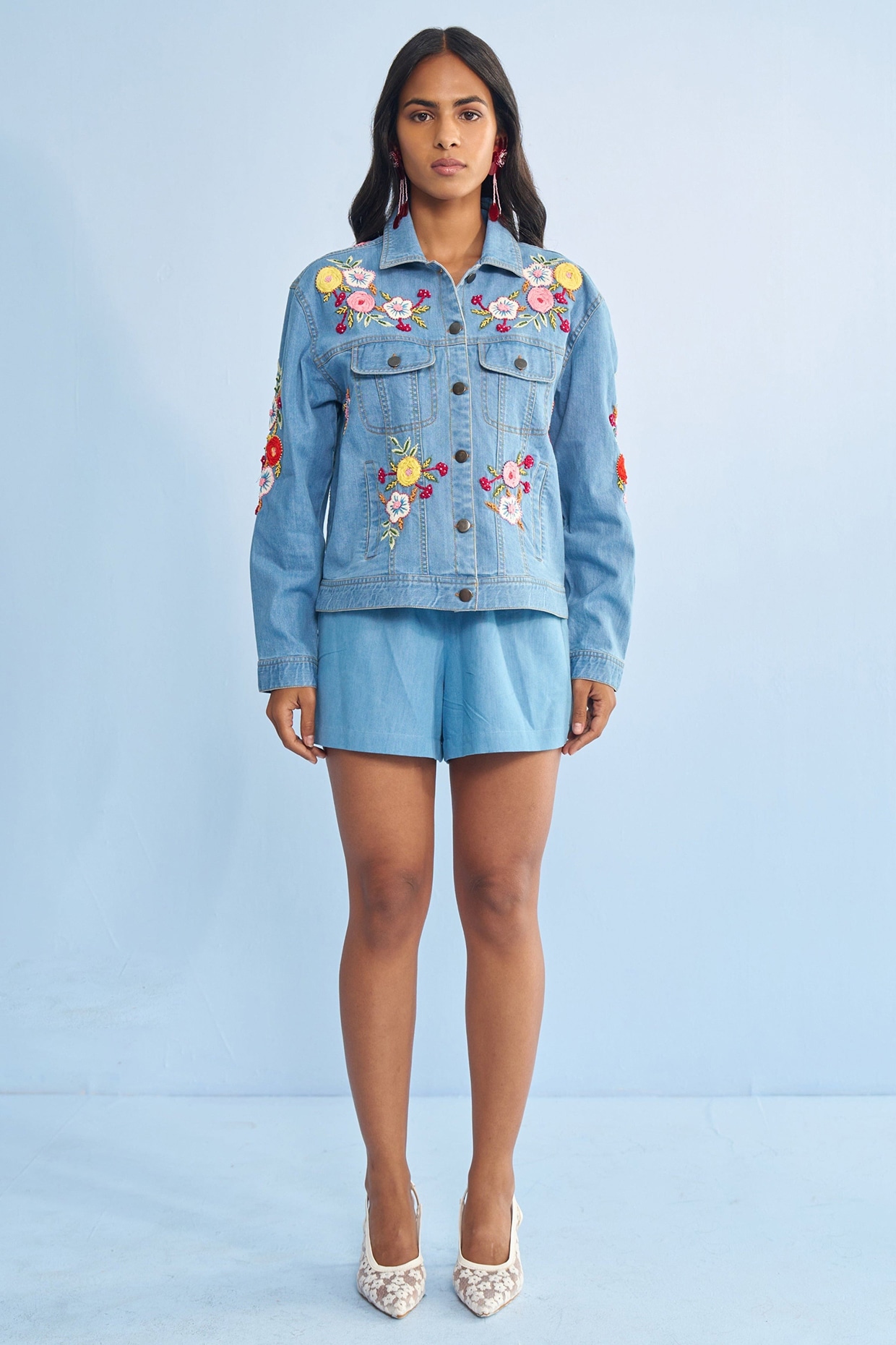 Nakateki Blue Denim Floral Embroidery & Beadwork Jacket
