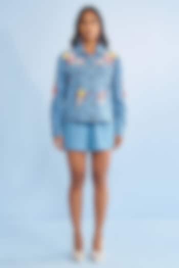 Blue Denim Floral Embroidery & Beadwork Jacket by Nakateki at Pernia's Pop Up Shop