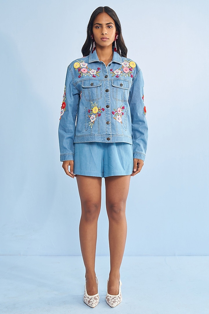 Blue Denim Floral Embroidery & Beadwork Jacket by Nakateki at Pernia's Pop Up Shop