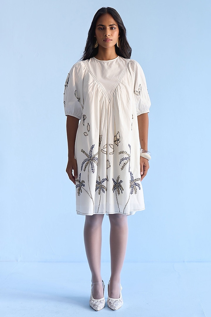 Off-White Cotton Palm Tree Patch Embroidered Flared Vacation Dress by Nakateki at Pernia's Pop Up Shop