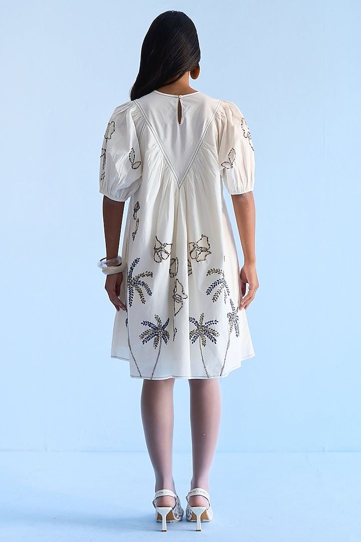 Off-White Cotton Palm Tree Patch Embroidered Flared Vacation Dress by Nakateki at Pernia's Pop Up Shop