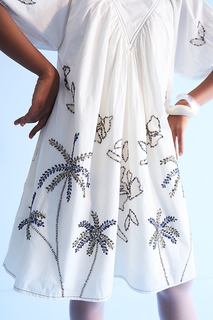 Off-White Cotton Palm Tree Patch Embroidered Flared Vacation Dress by Nakateki at Pernia's Pop Up Shop