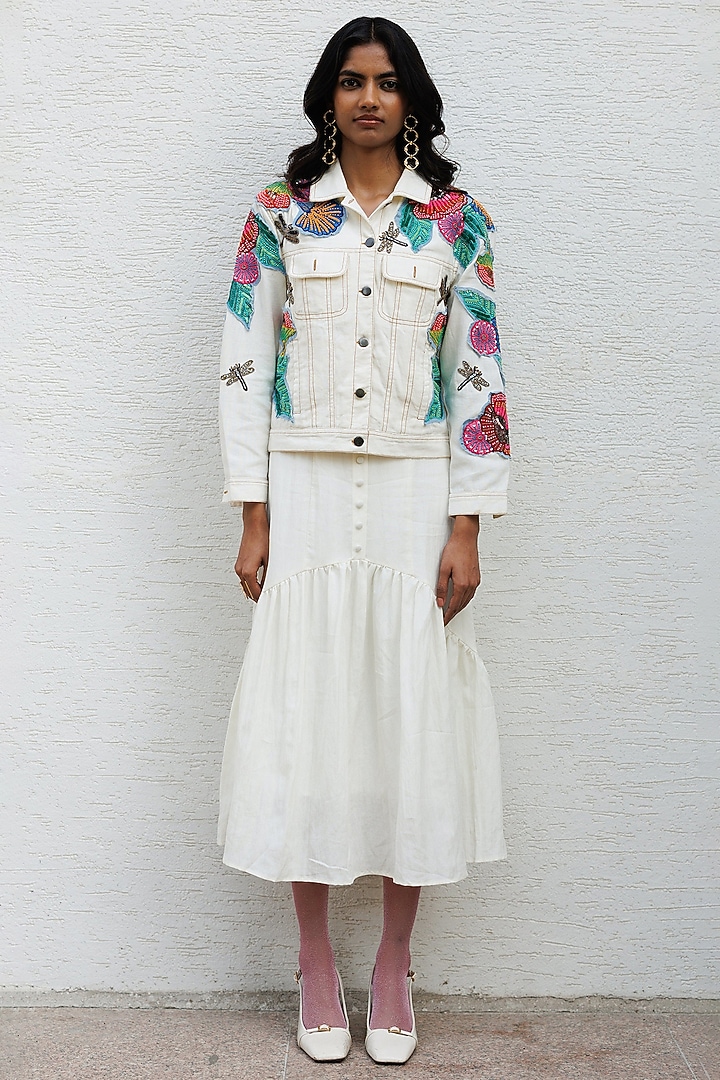 Off-White Cotton Floral Applique Embroidered Jacket by Nakateki at Pernia's Pop Up Shop