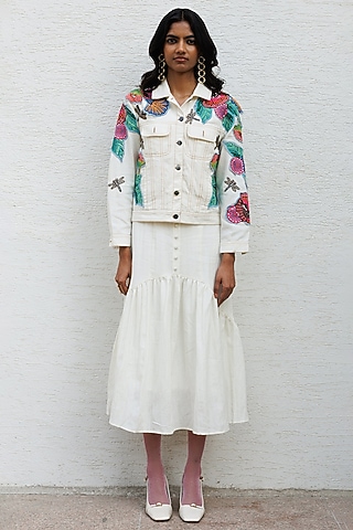 Off-White Cotton Floral Applique Embroidered Jacket by Nakateki