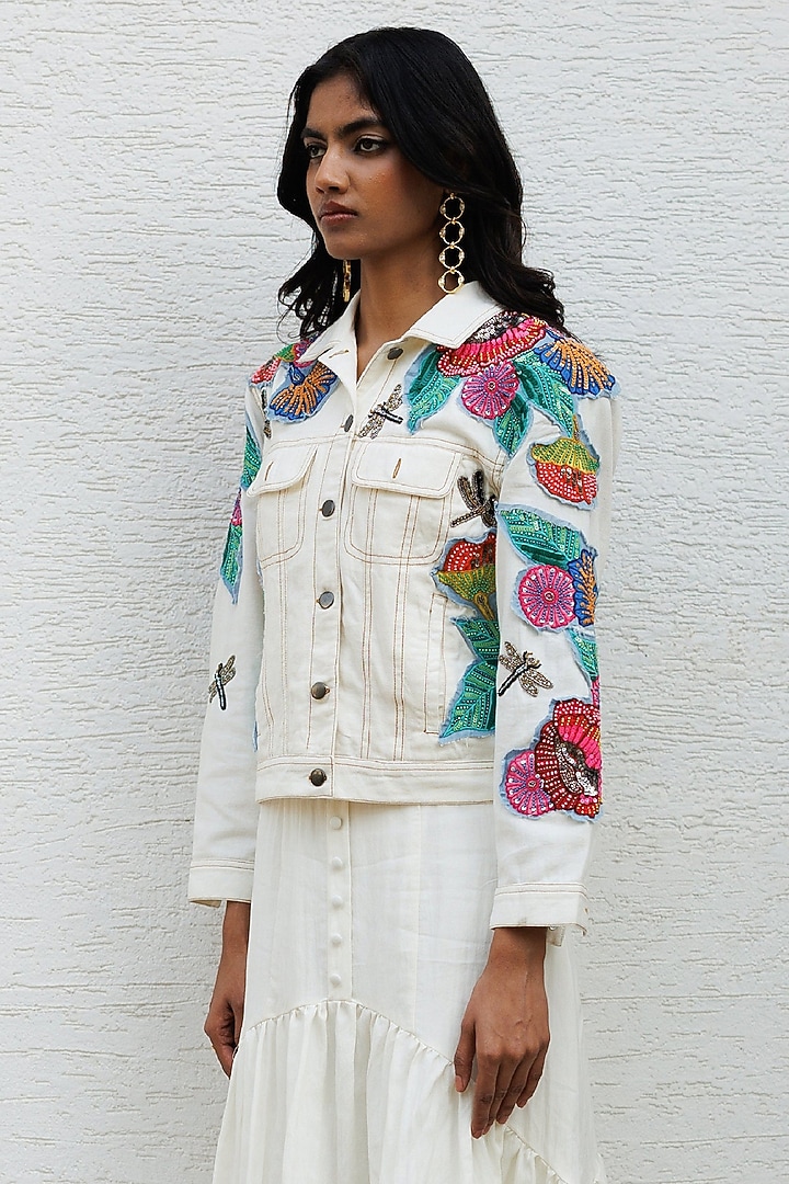 Off-White Cotton Floral Applique Embroidered Jacket by Nakateki at Pernia's Pop Up Shop
