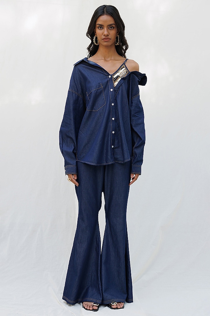 Blue Denim Embellished Co-ord Set by Nakateki at Pernia's Pop Up Shop