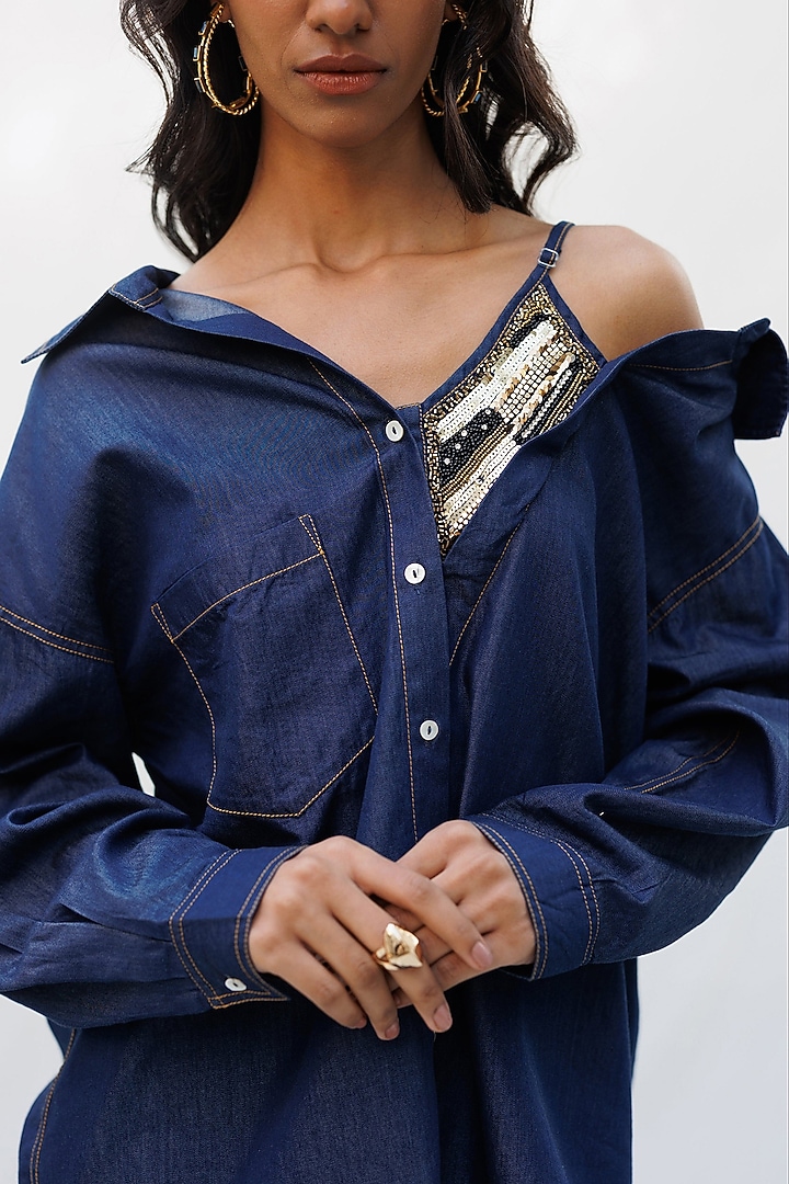 Blue Denim Embellished Co-ord Set by Nakateki at Pernia's Pop Up Shop