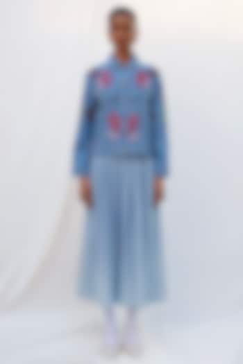 Blue Denim Elastane Floral Embellished Jacket by Nakateki at Pernia's Pop Up Shop