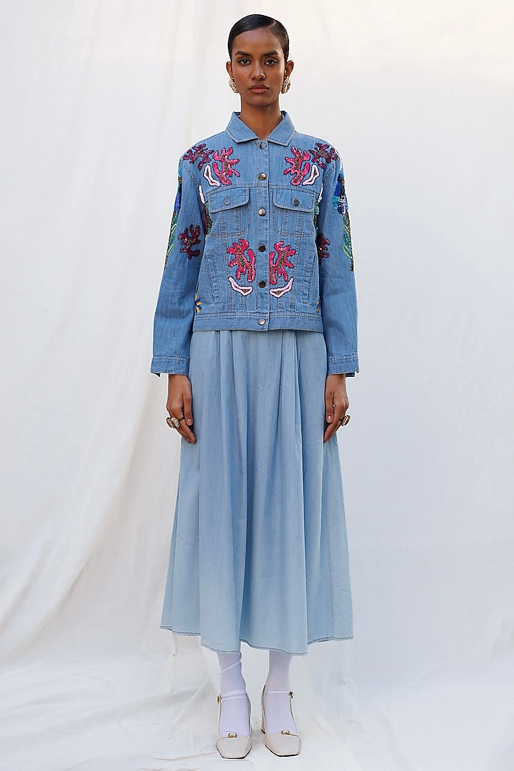 Blue Denim Elastane Floral Embellished Jacket by Nakateki at Pernia's Pop Up Shop
