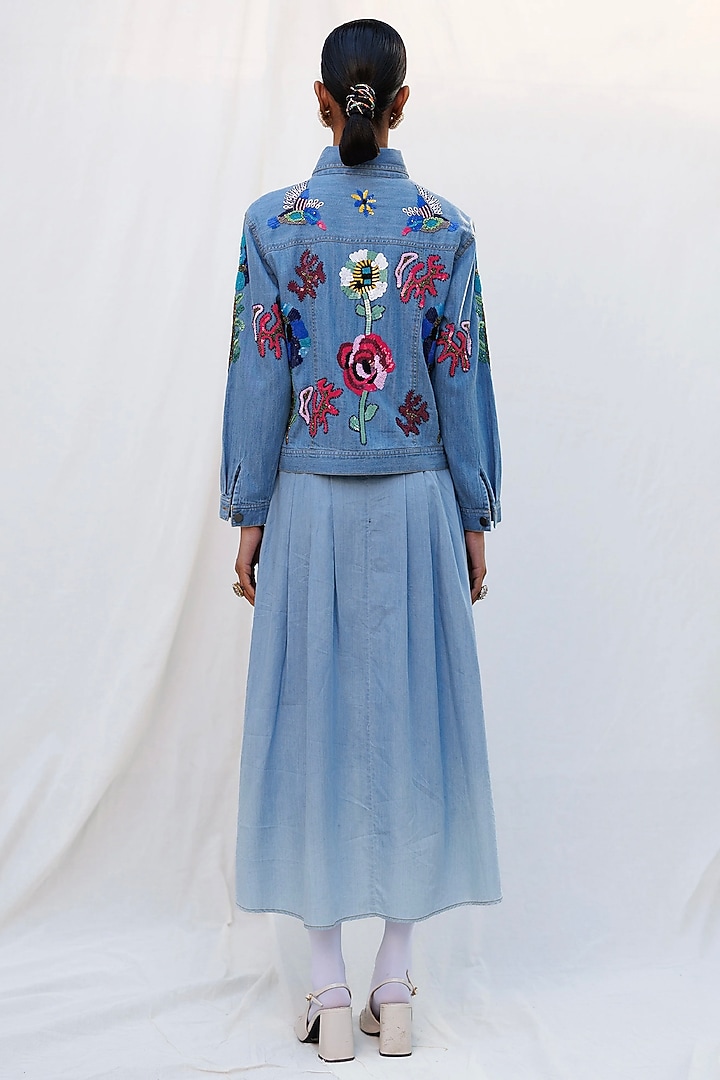 Blue Denim Elastane Floral Embellished Jacket by Nakateki at Pernia's Pop Up Shop