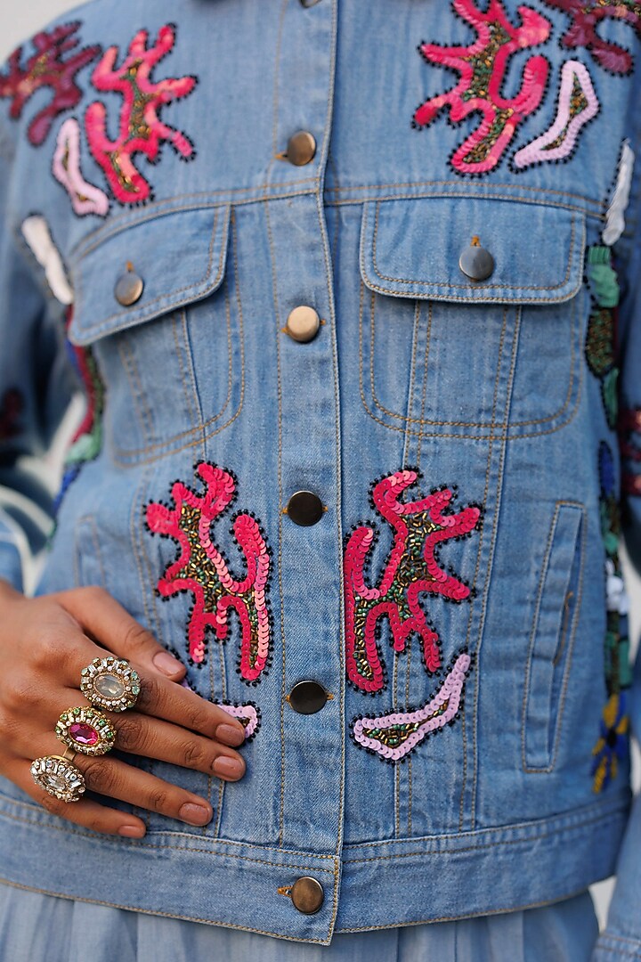 Blue Denim Elastane Floral Embellished Jacket by Nakateki at Pernia's Pop Up Shop
