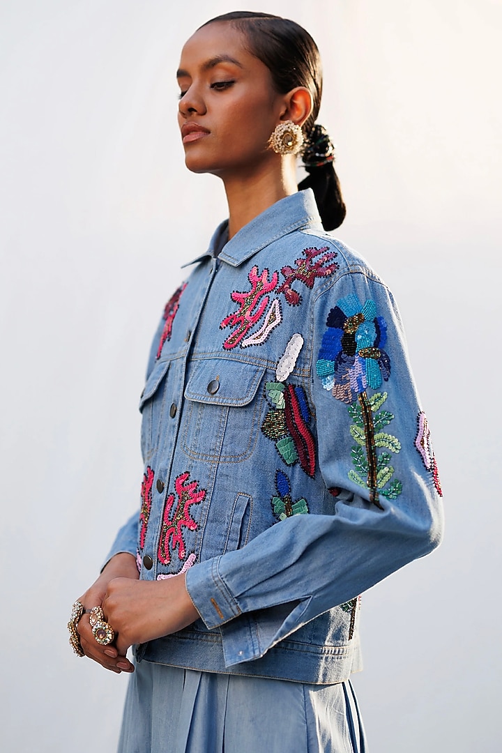 Blue Denim Elastane Floral Embellished Jacket by Nakateki at Pernia's Pop Up Shop