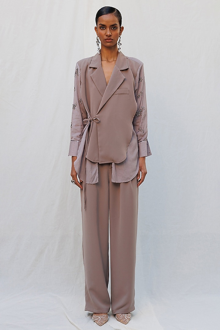 Brown Viscose Polyamide Metallic Embellished Jacket Set by Nakateki at Pernia's Pop Up Shop