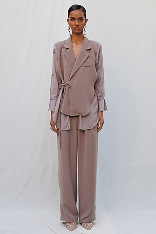 Brown Viscose Polyamide Metallic Embellished Jacket Set by Nakateki