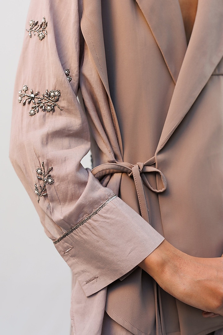 Brown Viscose Polyamide Metallic Embellished Jacket Set by Nakateki at Pernia's Pop Up Shop