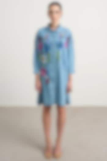 Blue Cotton Floral Hand Embroidered Midi Vacation Dress by Nakateki at Pernia's Pop Up Shop