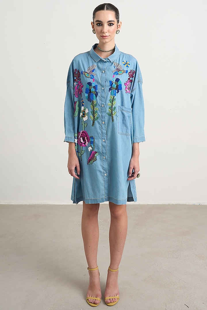Blue Cotton Floral Hand Embroidered Midi Vacation Dress by Nakateki at Pernia's Pop Up Shop