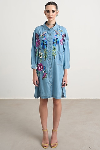 Blue Cotton Floral Hand Embroidered Midi Dress by Nakateki