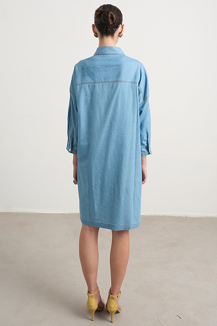 Blue Cotton Floral Hand Embroidered Midi Vacation Dress by Nakateki at Pernia's Pop Up Shop