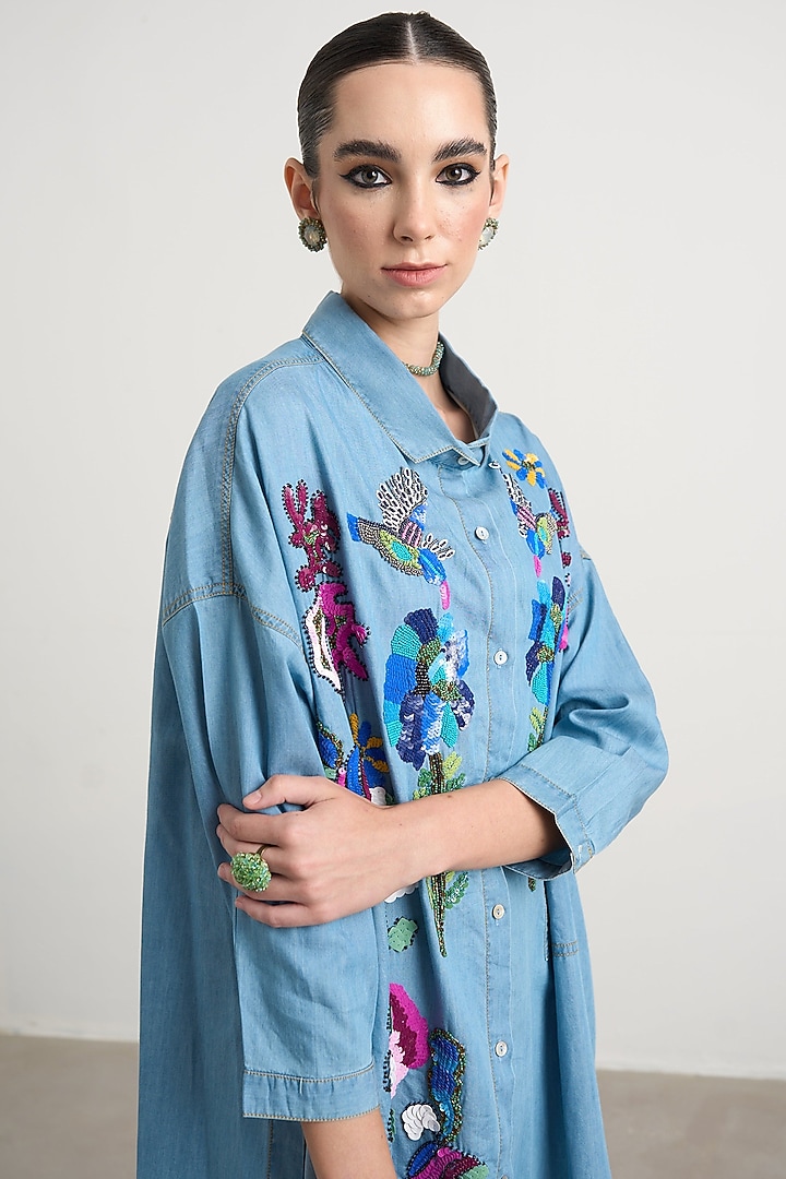 Blue Cotton Floral Hand Embroidered Midi Vacation Dress by Nakateki at Pernia's Pop Up Shop