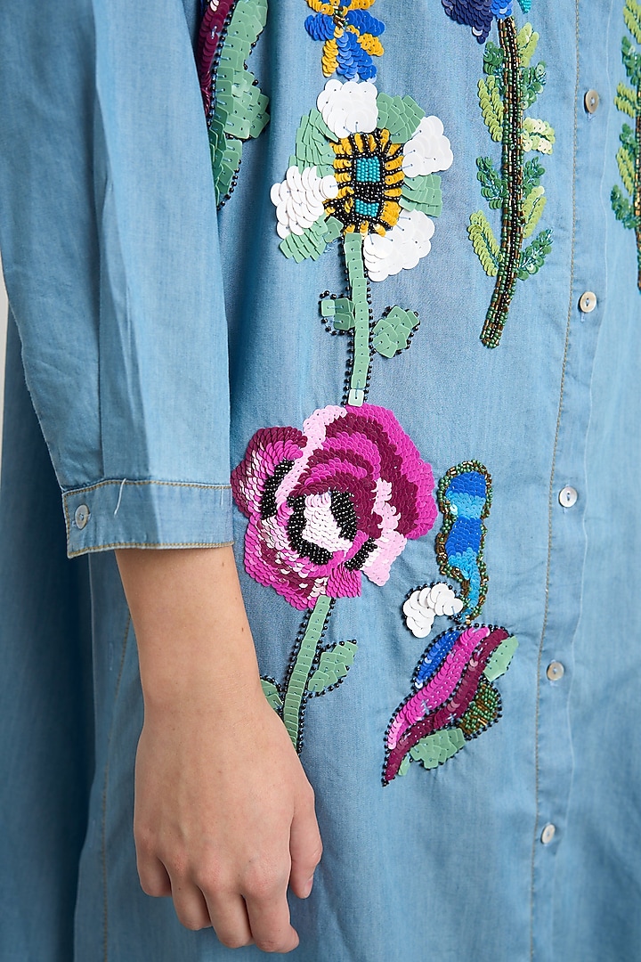Blue Cotton Floral Hand Embroidered Midi Vacation Dress by Nakateki at Pernia's Pop Up Shop