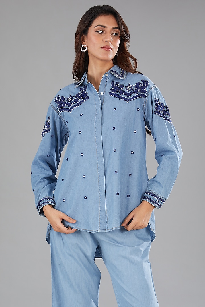 Blue Denim Mirror Embellished High-Low Shirt by Nakateki at Pernia's Pop Up Shop