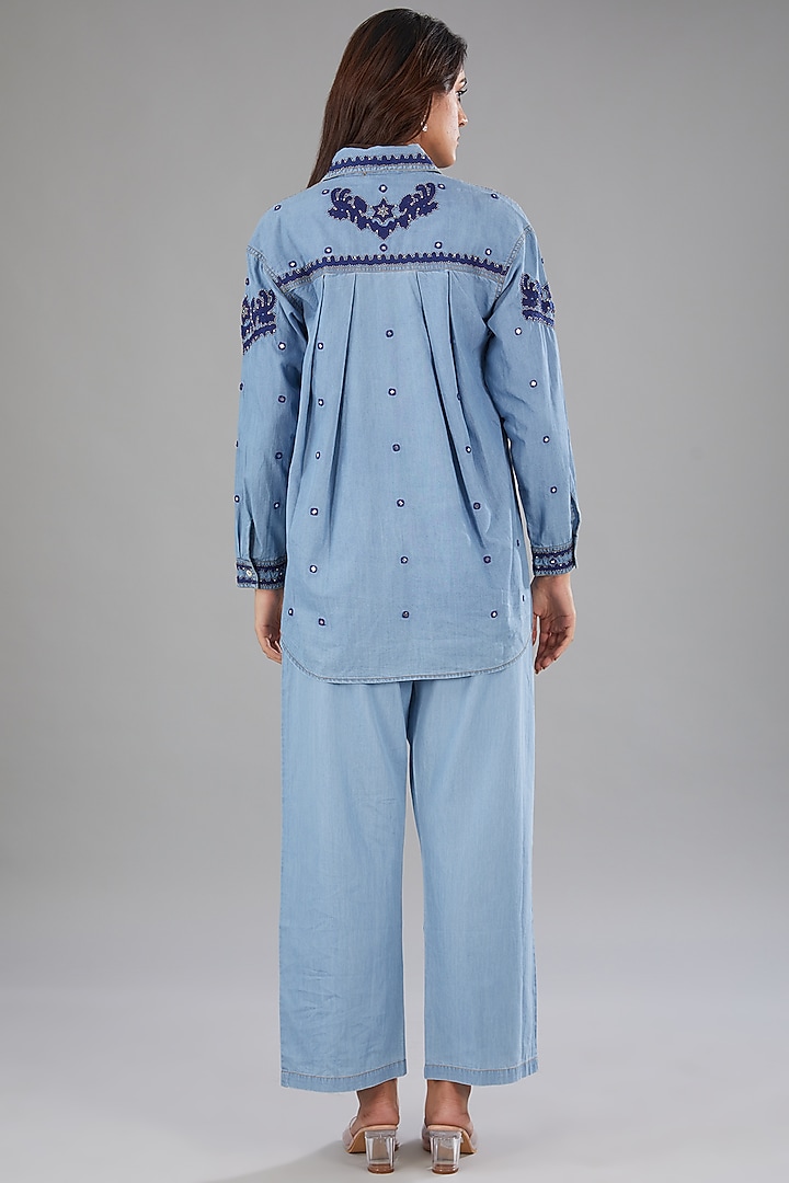 Blue Denim Mirror Embellished High-Low Shirt by Nakateki at Pernia's Pop Up Shop