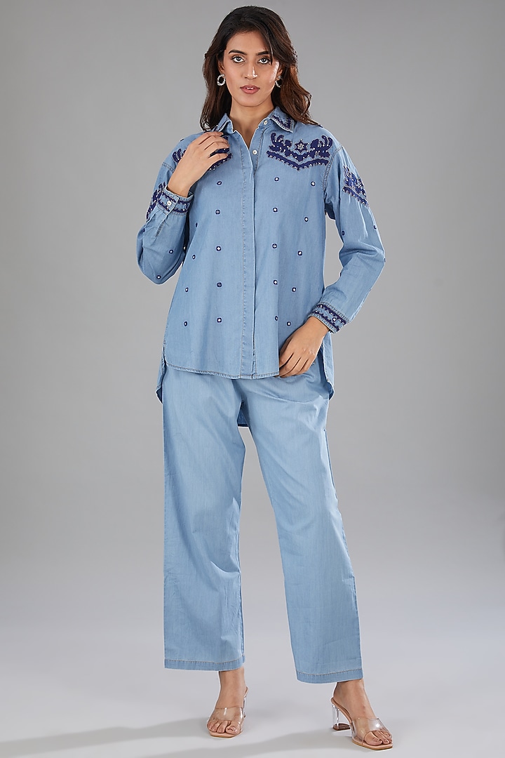 Blue Denim Mirror Embellished High-Low Shirt by Nakateki at Pernia's Pop Up Shop