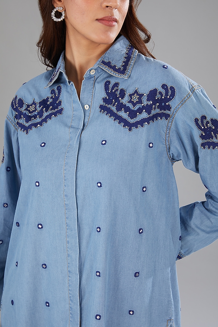 Blue Denim Mirror Embellished High-Low Shirt by Nakateki at Pernia's Pop Up Shop