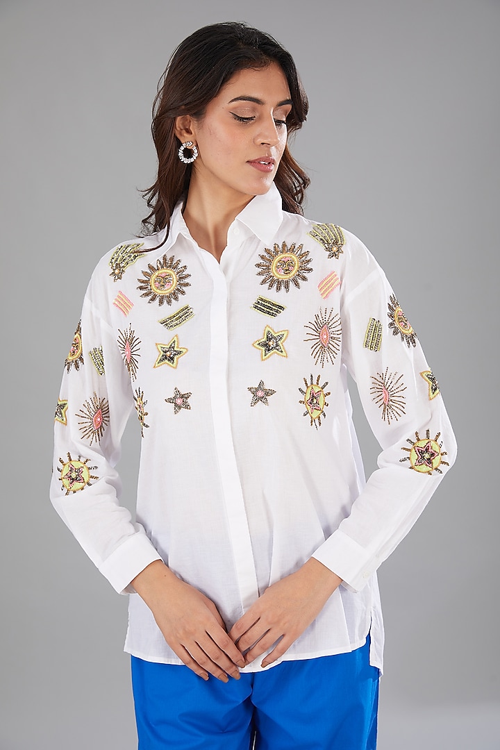 White Cotton Cambric Sequins Embellished High-Low Shirt by Nakateki at Pernia's Pop Up Shop