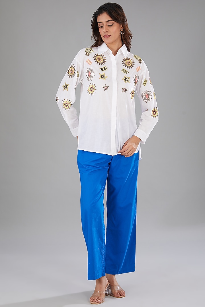 White Cotton Cambric Sequins Embellished High-Low Shirt by Nakateki at Pernia's Pop Up Shop