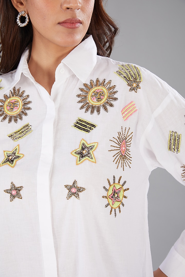 White Cotton Cambric Sequins Embellished High-Low Shirt by Nakateki at Pernia's Pop Up Shop