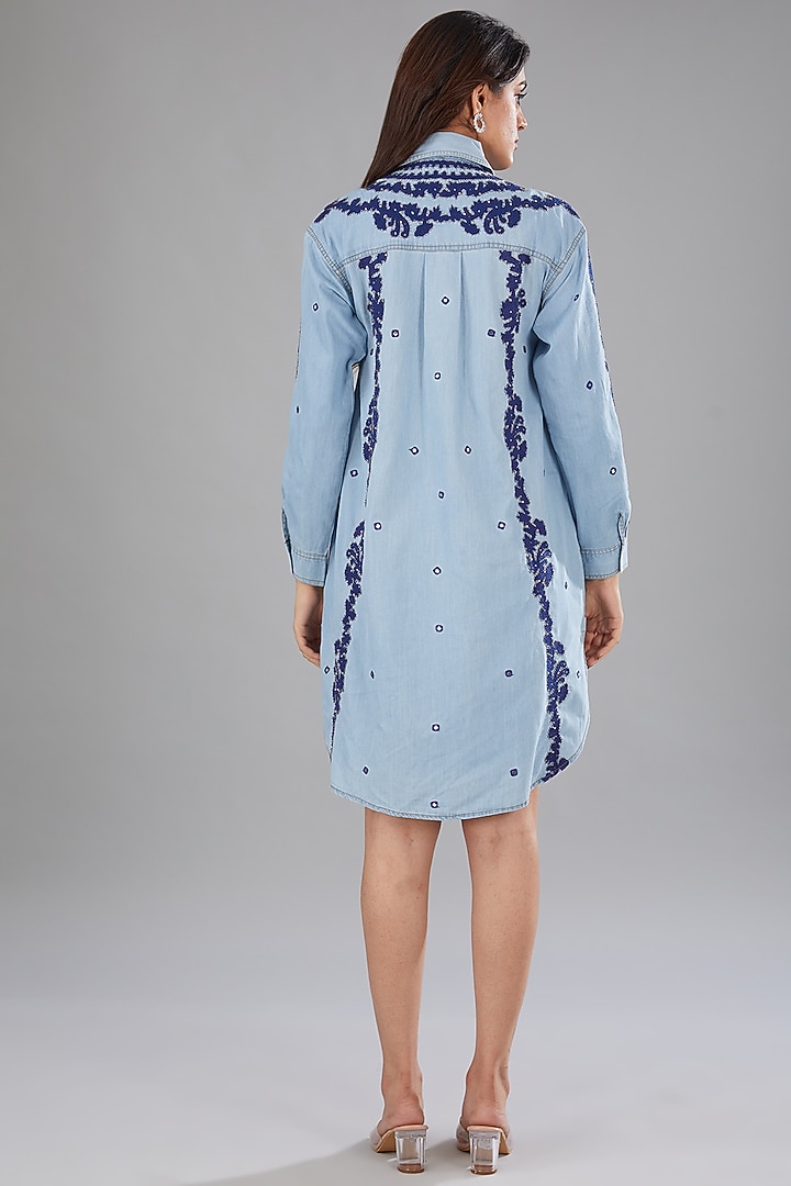 Blue Denim Mirror Embellished High-Low Vacation Shirt Dress by Nakateki at Pernia's Pop Up Shop