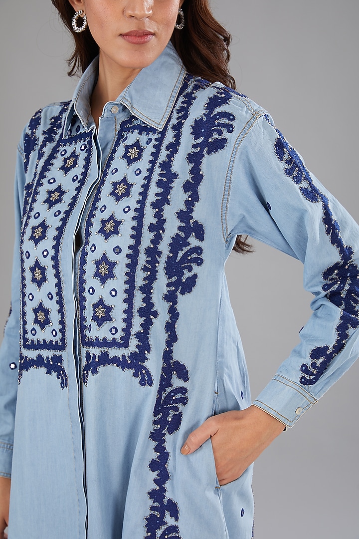 Blue Denim Mirror Embellished High-Low Vacation Shirt Dress by Nakateki at Pernia's Pop Up Shop