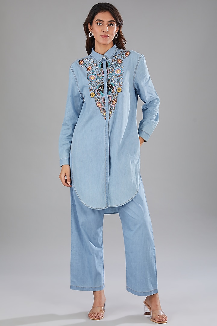 Blue Denim Beads Embellished Co-Ord Set by Nakateki at Pernia's Pop Up Shop