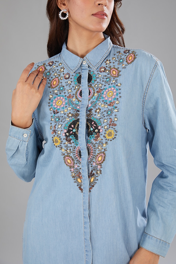 Blue Denim Beads Embellished Co-Ord Set by Nakateki at Pernia's Pop Up Shop