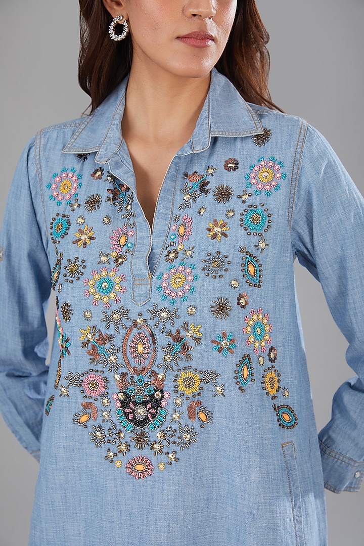 Blue Denim Embellished High-Low Vacation Dress by Nakateki at Pernia's Pop Up Shop