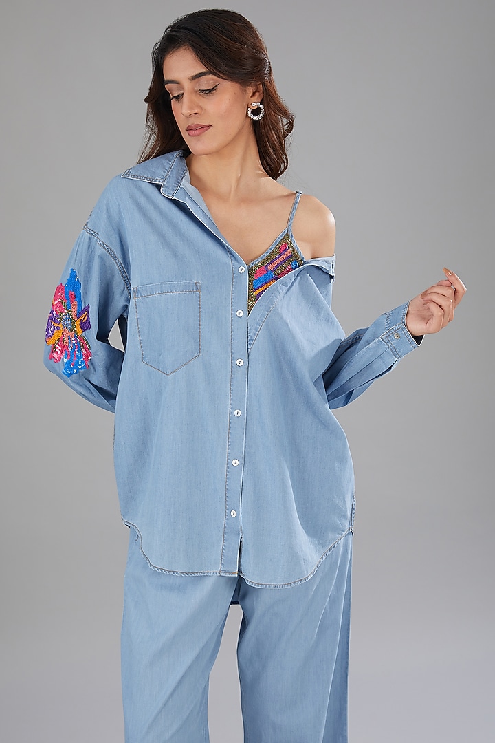 Blue Denim Floral Embellished Shirt by Nakateki at Pernia's Pop Up Shop