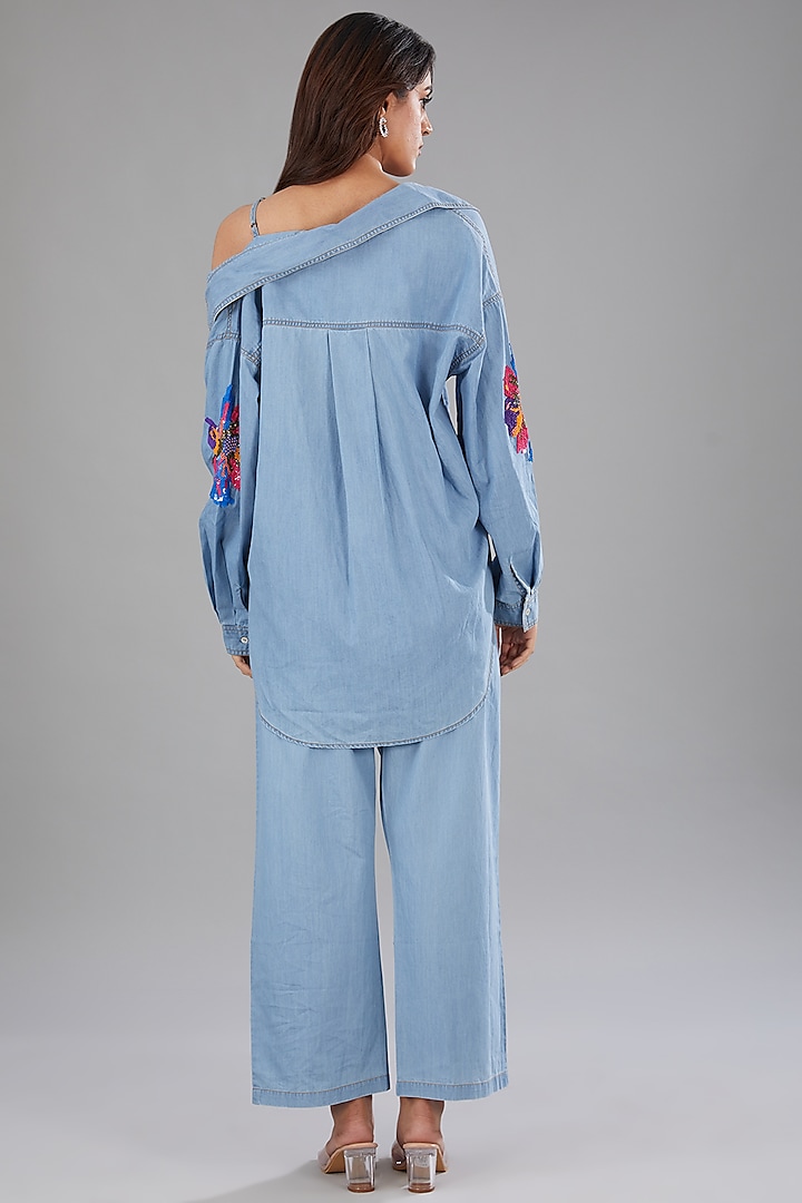 Blue Denim Floral Embellished Shirt by Nakateki at Pernia's Pop Up Shop